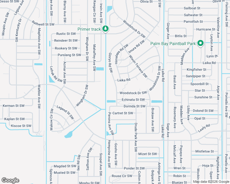 map of restaurants, bars, coffee shops, grocery stores, and more near 2889 Ginryo Road Southwest in Palm Bay