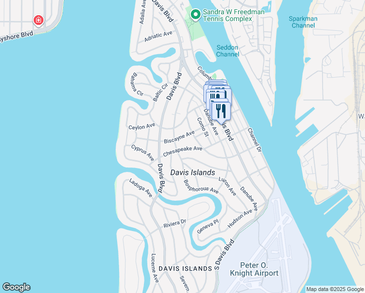 map of restaurants, bars, coffee shops, grocery stores, and more near 125 Chesapeake Avenue in Tampa