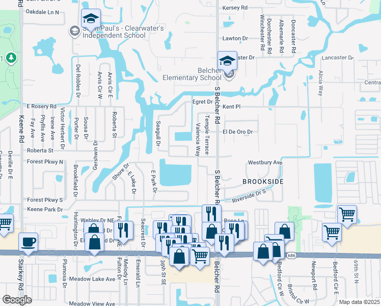 map of restaurants, bars, coffee shops, grocery stores, and more near 1928 Ibis Drive Northeast in Clearwater