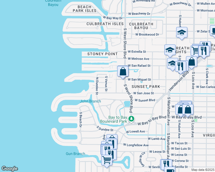 map of restaurants, bars, coffee shops, grocery stores, and more near 4809 West Juno Street in Tampa