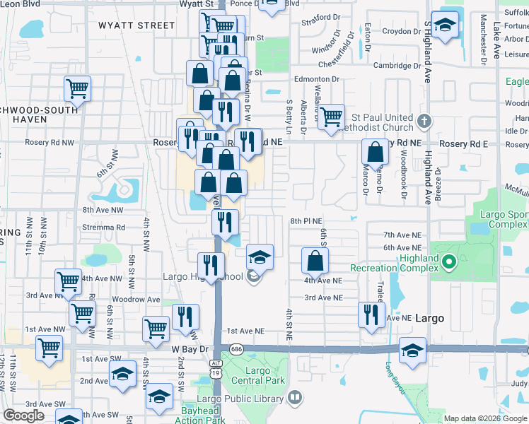 map of restaurants, bars, coffee shops, grocery stores, and more near 646 Poinsettia Drive in Largo