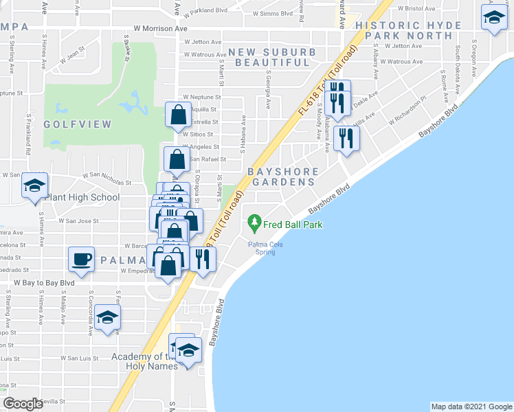 map of restaurants, bars, coffee shops, grocery stores, and more near 2526A West Maryland Avenue in Tampa