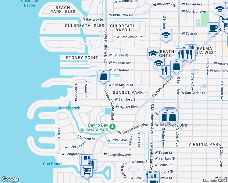 map of restaurants, bars, coffee shops, grocery stores, and more near 2308 South Lila Lane in Tampa