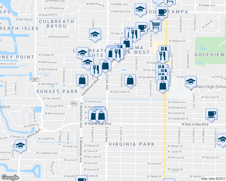 map of restaurants, bars, coffee shops, grocery stores, and more near 2309 South Cameron Avenue in Tampa