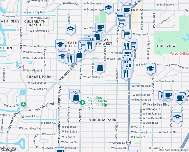 map of restaurants, bars, coffee shops, grocery stores, and more near 2308 South Clark Avenue in Tampa