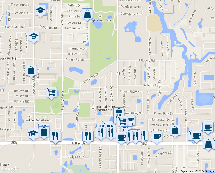map of restaurants, bars, coffee shops, grocery stores, and more near 2113 Fairlane Drive in Largo