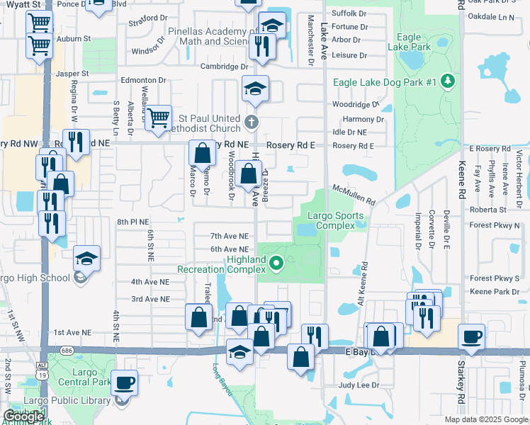map of restaurants, bars, coffee shops, grocery stores, and more near 1201 Rosewood Street in Largo
