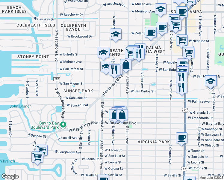 map of restaurants, bars, coffee shops, grocery stores, and more near 4302 Henderson Boulevard in Tampa