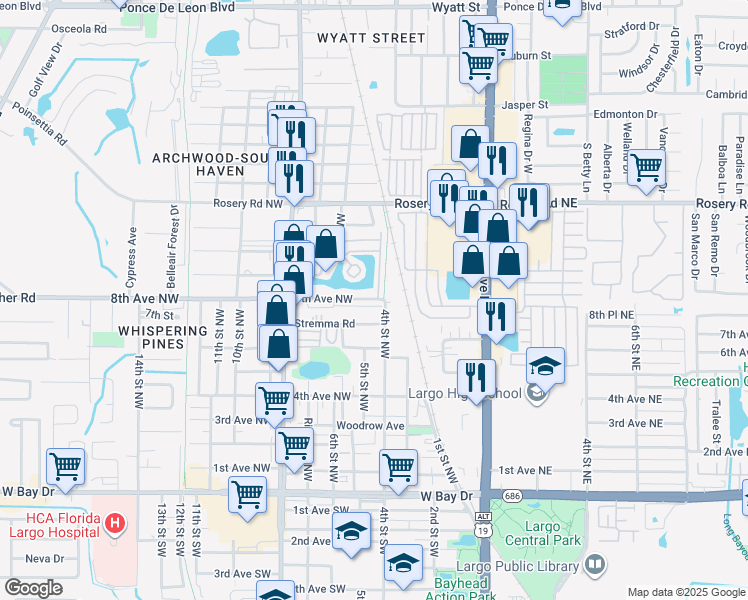 map of restaurants, bars, coffee shops, grocery stores, and more near 62 8th Avenue Northwest in Largo