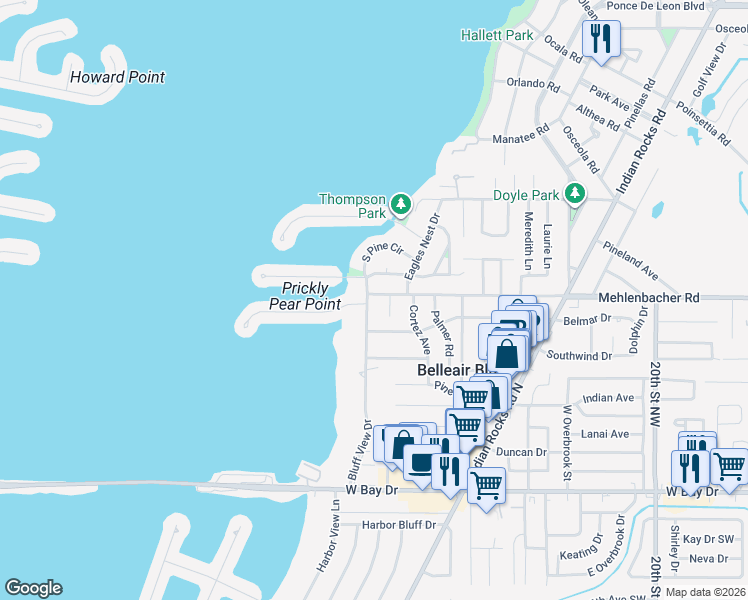 map of restaurants, bars, coffee shops, grocery stores, and more near 777 Bluff View Drive in Belleair Bluffs
