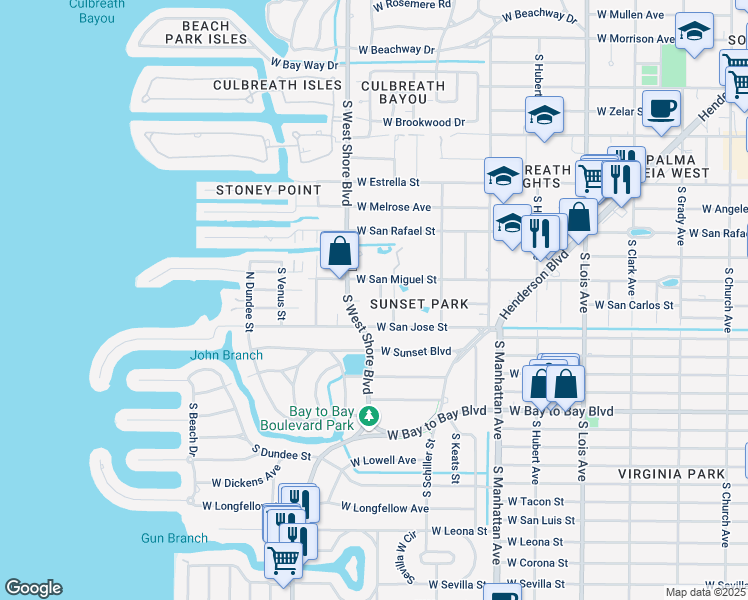 map of restaurants, bars, coffee shops, grocery stores, and more near 2308 South Lila Lane in Tampa