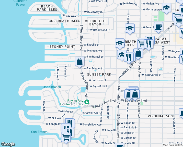 map of restaurants, bars, coffee shops, grocery stores, and more near 2308 S Lila Ln in Tampa