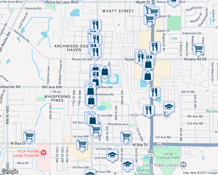 map of restaurants, bars, coffee shops, grocery stores, and more near 40 8th Avenue Northwest in Largo