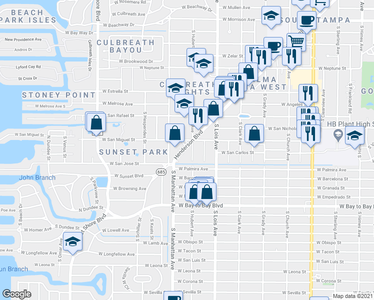 map of restaurants, bars, coffee shops, grocery stores, and more near 4302 Henderson Boulevard in Tampa
