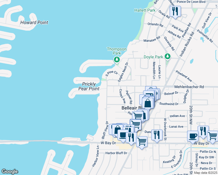 map of restaurants, bars, coffee shops, grocery stores, and more near 777 Bluff View Dr in Belleair Bluffs
