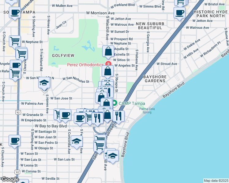 map of restaurants, bars, coffee shops, grocery stores, and more near 3003 West San Carlos Street in Tampa