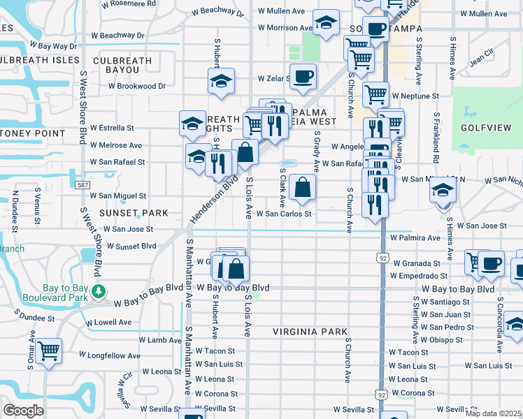 map of restaurants, bars, coffee shops, grocery stores, and more near 2309 South Cameron Avenue in Tampa