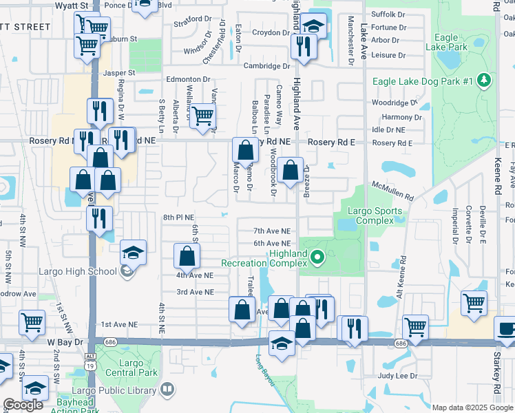 map of restaurants, bars, coffee shops, grocery stores, and more near 1059 Woodbrook Drive South in Largo