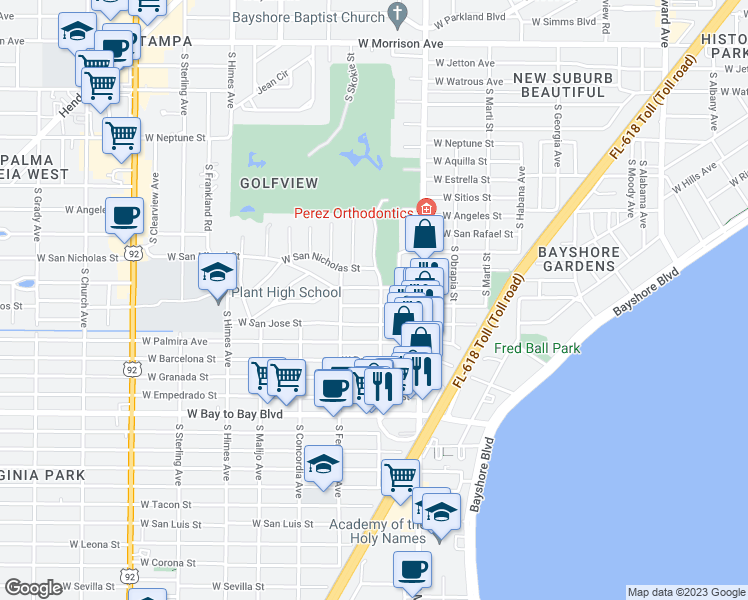 map of restaurants, bars, coffee shops, grocery stores, and more near 3203 West San Carlos Street in Tampa