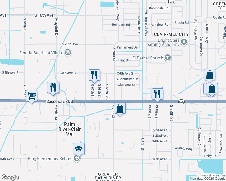 map of restaurants, bars, coffee shops, grocery stores, and more near 2601 South 70th Street in Tampa