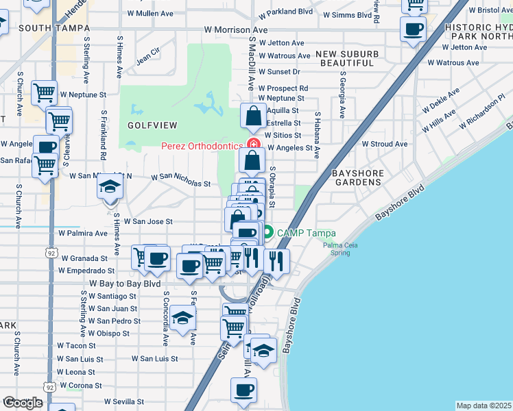 map of restaurants, bars, coffee shops, grocery stores, and more near 3003 West San Carlos Street in Tampa