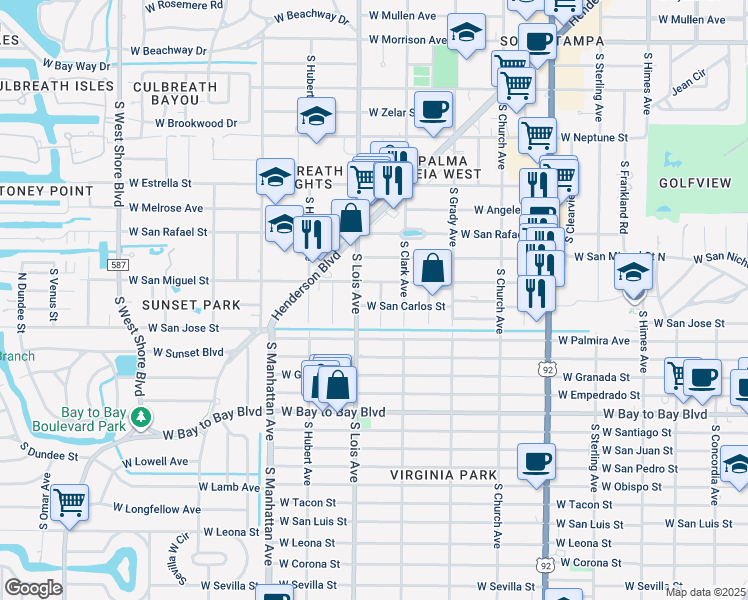 map of restaurants, bars, coffee shops, grocery stores, and more near 2309 South Cameron Avenue in Tampa