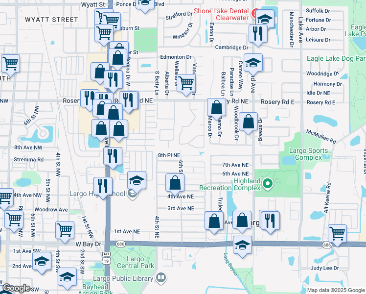 map of restaurants, bars, coffee shops, grocery stores, and more near 601 Rosery Road Northeast in Largo