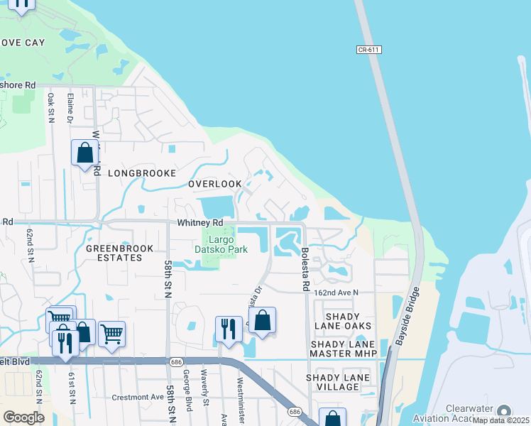 map of restaurants, bars, coffee shops, grocery stores, and more near 3301 Whitney Road in Clearwater