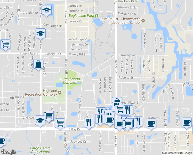 map of restaurants, bars, coffee shops, grocery stores, and more near 2095 Fairlane Drive in Largo