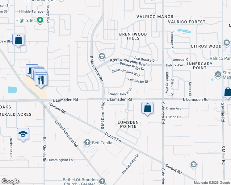 map of restaurants, bars, coffee shops, grocery stores, and more near 1616 Sand Hollow Lane in Valrico