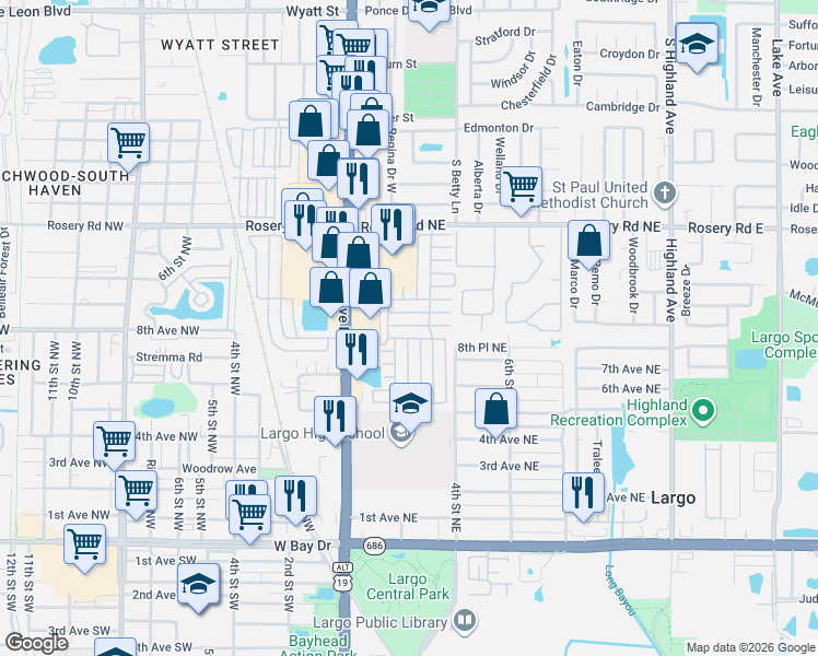 map of restaurants, bars, coffee shops, grocery stores, and more near 646 Poinsettia Drive in Largo