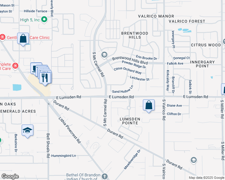 map of restaurants, bars, coffee shops, grocery stores, and more near 1608 Sand Hollow Lane in Valrico