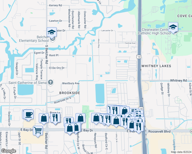 map of restaurants, bars, coffee shops, grocery stores, and more near 2411 Margolin Lane in Clearwater