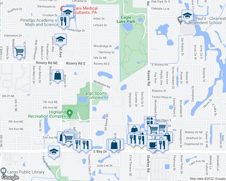 map of restaurants, bars, coffee shops, grocery stores, and more near 800 Embassy Road in Largo