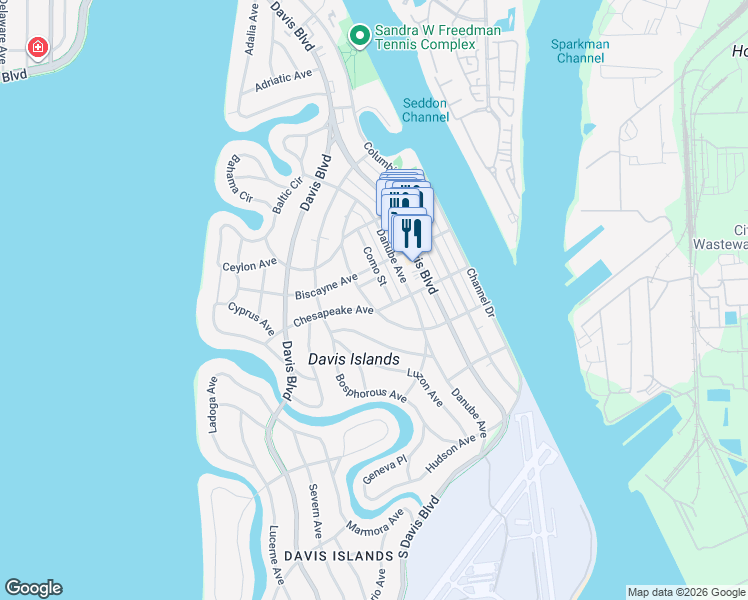 map of restaurants, bars, coffee shops, grocery stores, and more near 313 Chippewa Avenue in Tampa