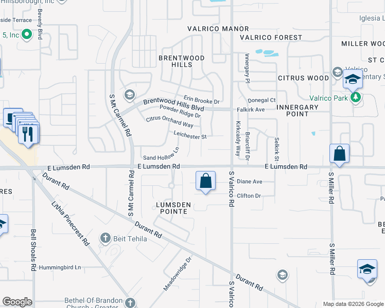 map of restaurants, bars, coffee shops, grocery stores, and more near 1813 Powder Ridge Drive in Valrico