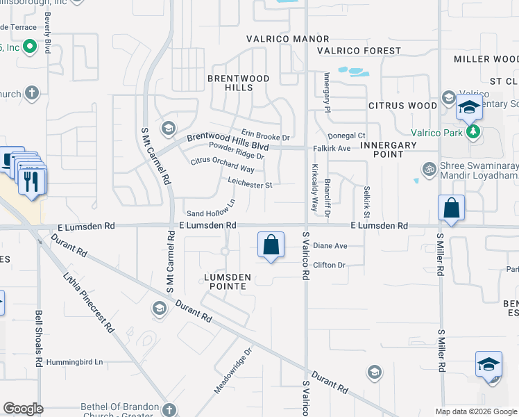 map of restaurants, bars, coffee shops, grocery stores, and more near 1811 Powder Ridge Drive in Valrico