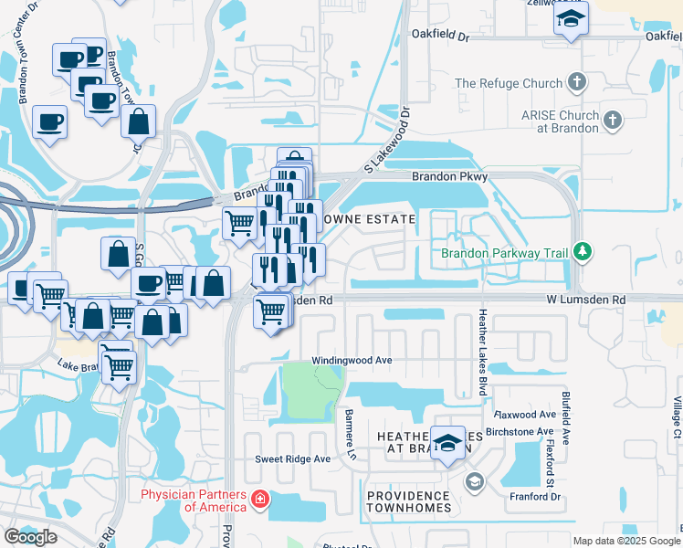 map of restaurants, bars, coffee shops, grocery stores, and more near 931 Burlwood Street in Brandon