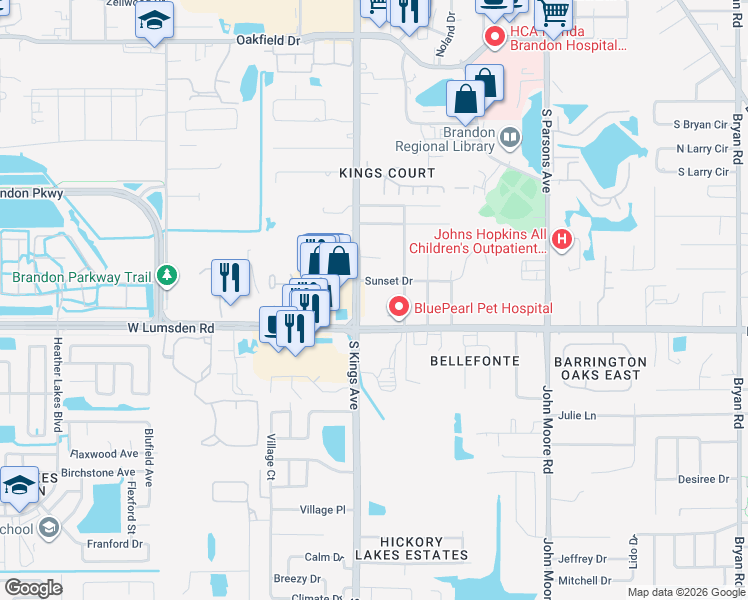 map of restaurants, bars, coffee shops, grocery stores, and more near 905 South Kings Avenue in Brandon