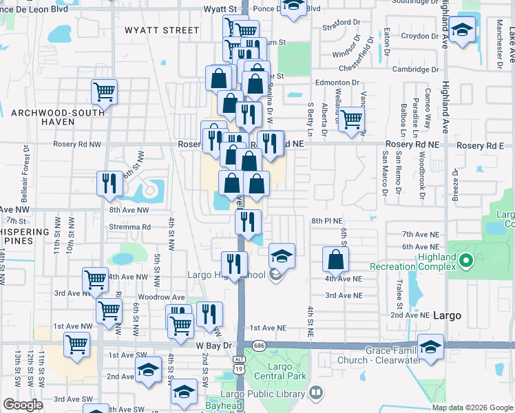 map of restaurants, bars, coffee shops, grocery stores, and more near 900 Missouri Avenue North in Largo