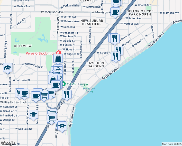 map of restaurants, bars, coffee shops, grocery stores, and more near 2526A West Maryland Avenue in Tampa