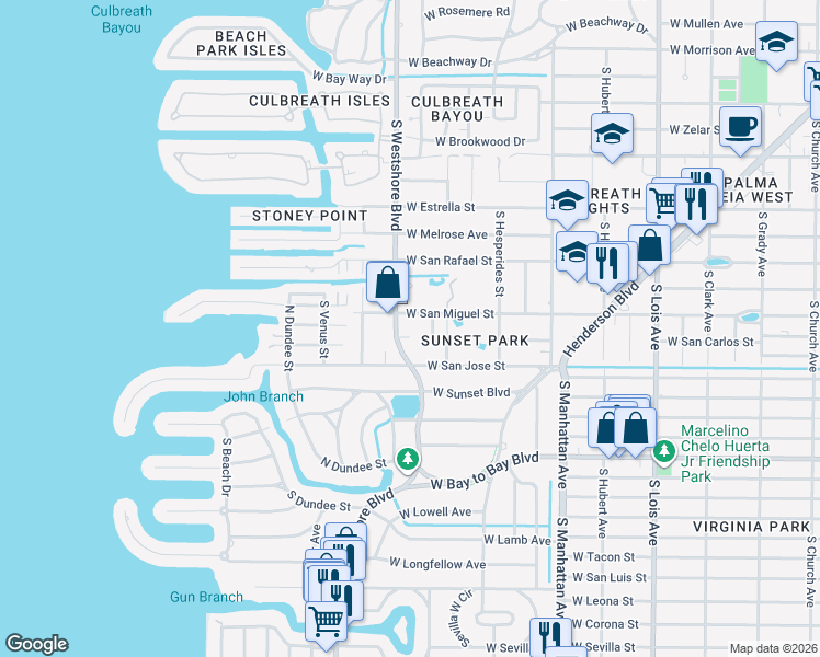 map of restaurants, bars, coffee shops, grocery stores, and more near 4706 West San Carlos Street in Tampa