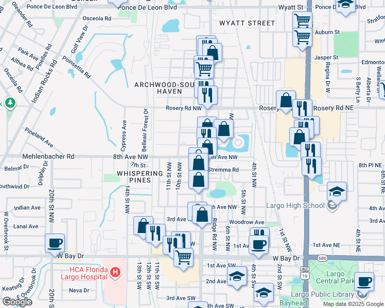 map of restaurants, bars, coffee shops, grocery stores, and more near 831 8th Avenue Northwest in Largo