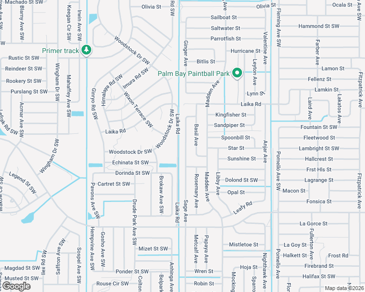map of restaurants, bars, coffee shops, grocery stores, and more near 2894 Sage Avenue in Palm Bay