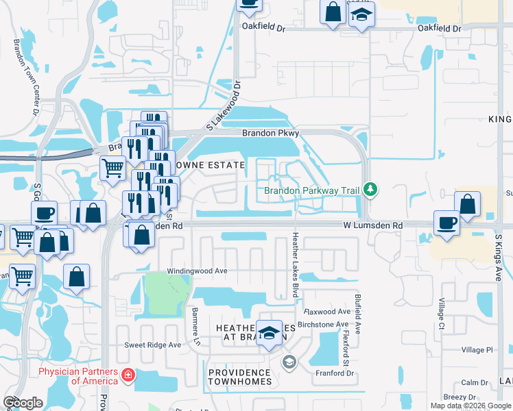 map of restaurants, bars, coffee shops, grocery stores, and more near 659 Kensington Lake Circle in Brandon