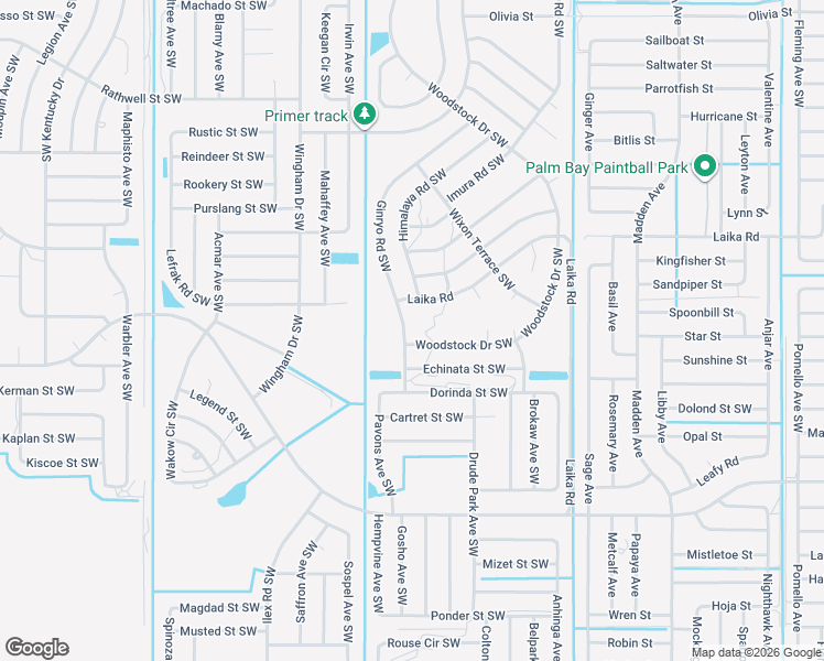 map of restaurants, bars, coffee shops, grocery stores, and more near 2889 Ginryo Road Southwest in Palm Bay