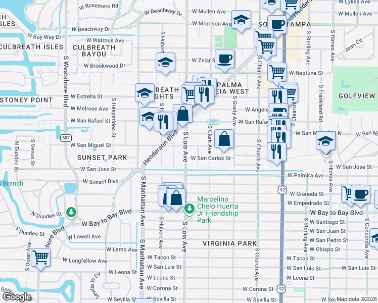map of restaurants, bars, coffee shops, grocery stores, and more near 2306 South Lois Avenue in Tampa