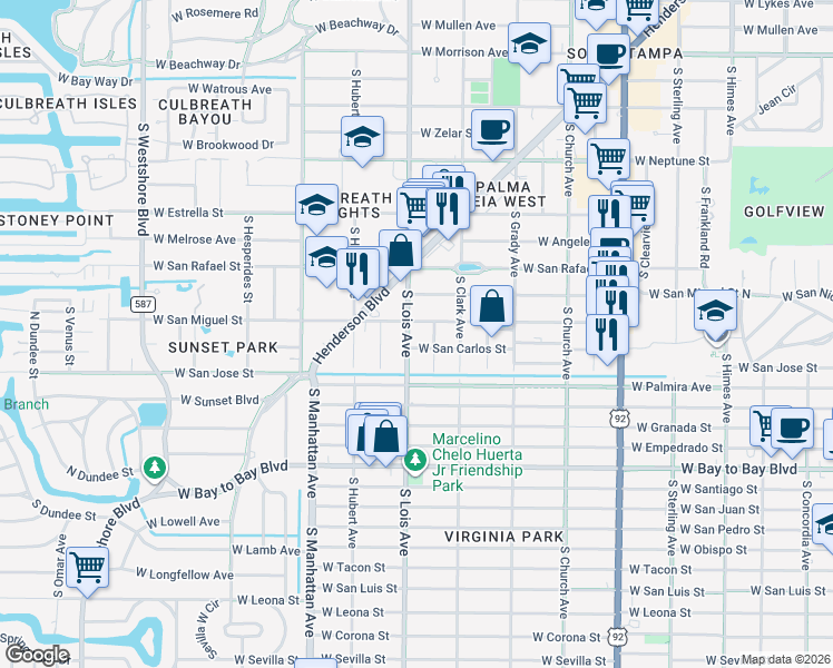 map of restaurants, bars, coffee shops, grocery stores, and more near 2306 South Lois Avenue in Tampa