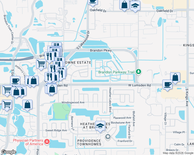 map of restaurants, bars, coffee shops, grocery stores, and more near 659 Kensington Lake Circle in Brandon