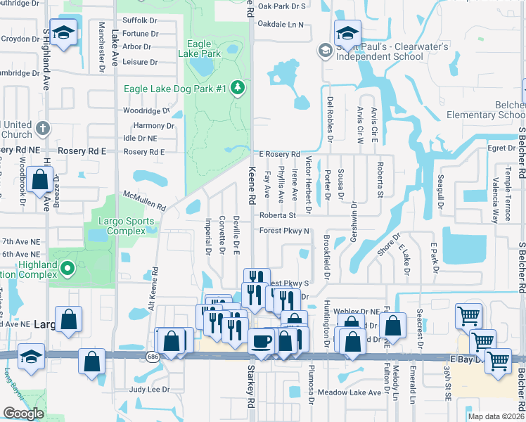 map of restaurants, bars, coffee shops, grocery stores, and more near 2453 Roberta Street in Largo